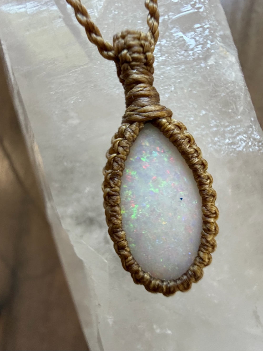 Handcrafted White Opal Teardrop macrame Pendant Necklace